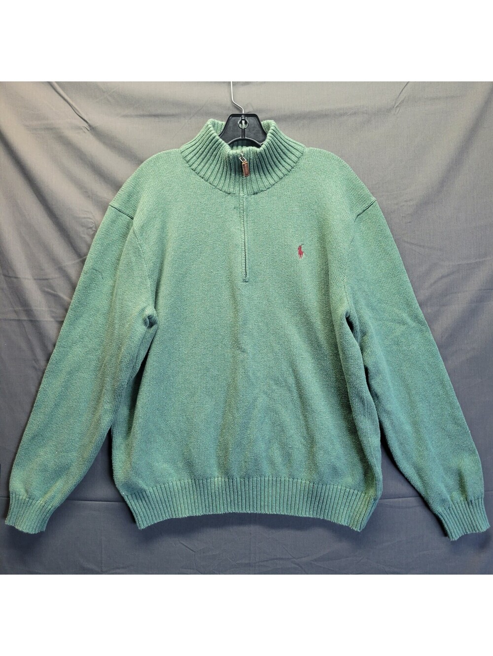 VTG Polo Ralph Lauren Men's Green Quarter-Zip Sweater XL Leather Zipper